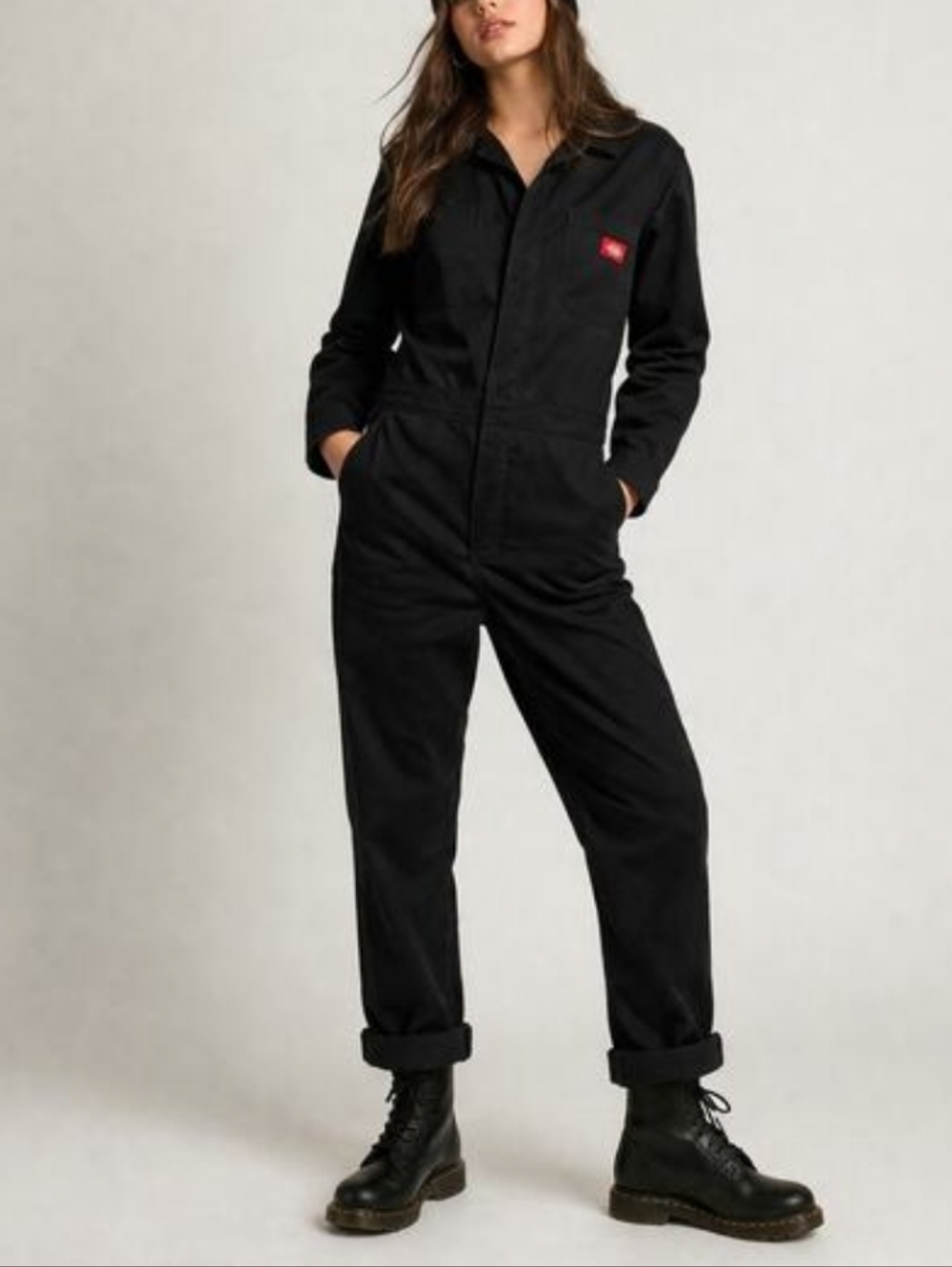 Dickies Black Workwear Coverall Small Utility Jumpsuit Red Logo Patch Mechanic